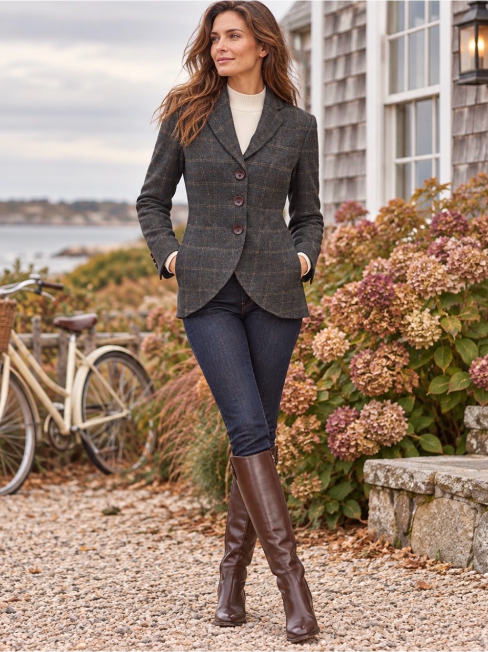 cabi Fall Riding Jacket #160 Size 4 Charcoal Plaid Wool Blend Equestrian Blazer